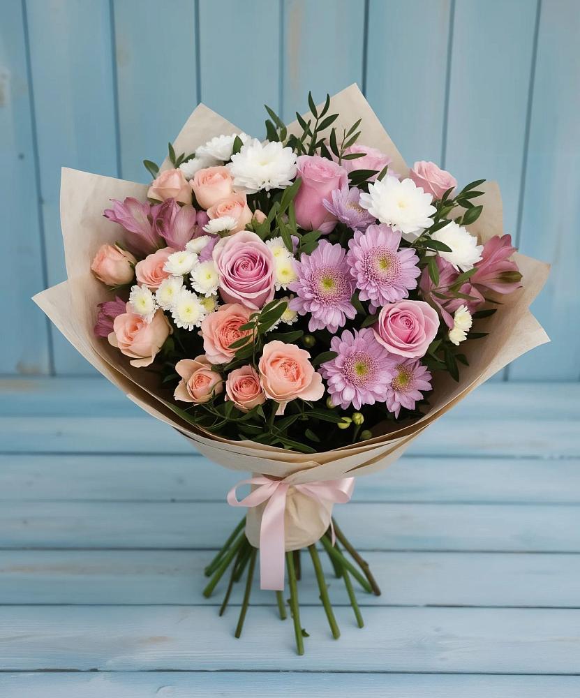 Букет цветов из: Хризантемы, Розы и Альстромерии в Дроздово