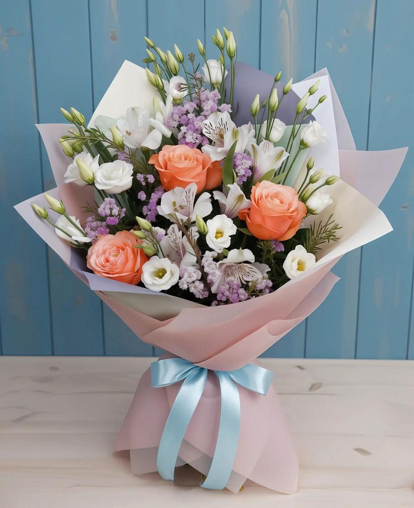 Букет цветов из: Лизиантусы, Розы, Альстромерии и Гипсофила в Дроздово